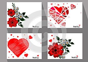 Greeting cards with abstract red flowers and chamomiles in ethnic style for declarations of love, a gift for a loved one or a don