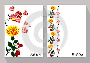 Greeting cards with abstract yellow and red flowers in ethnic st