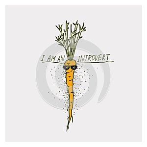 Greeting cards with carrot and motivation phrase I am an introvert on a bright background