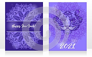 Greeting cards for chinese 2021 new year with tiger and ornaments