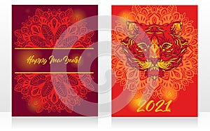 Greeting cards for chinese 2021 new year with tiger and ornaments