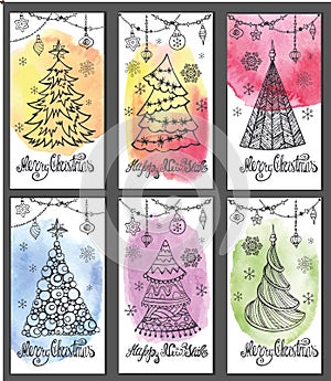 Greeting cards.Christmas tree,decorations.Watercolor splashes