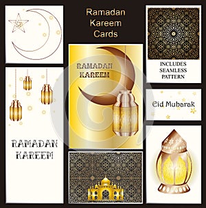 Greeting cards collection. Illuminated arabic lantern on mosque silhouetted shiny brown background