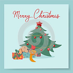 Greeting cards with cute cartoon labrador under the New Year tree. Funny vector postcard.