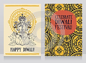 Greeting cards for diwali festival with indian goddess Lakshmi