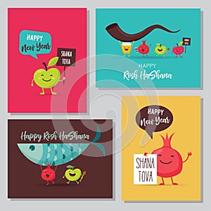 Greeting cards with funny cartoon characters for Rosh Hashanah, Jewish holiday. honey jar, apples and pomegranates