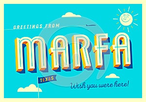 Greetings from Marfa, Texas, USA - Touristic Postcard. photo
