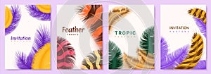 Greeting cards. Posters and invitations with realistic 3D feathers, swan and goose colored plumage. Templates exotic