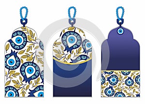Greeting cards with turkish evil eye nazar boncuk charms. Vector illustration