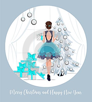Greeting cards for winter holidays, merry christmas and happy new year,Elegantly dressed girl decorates a Christmas tree,fashion i