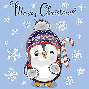 Greeting Christmas card Cartoon Penguin in a hat on a blue background