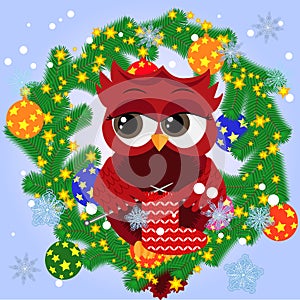 Greeting Christmas card Cute Cartoon Owl with Christmas tree on a blue background