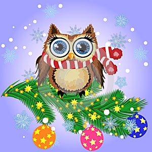 Greeting Christmas card Cute Cartoon Owl with Christmas tree on a blue background