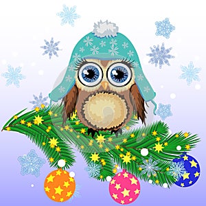 Greeting Christmas card Cute Cartoon Owl with Christmas tree on a blue background