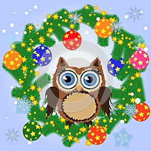 Greeting Christmas card Cute Cartoon Owl with Christmas tree on a blue background