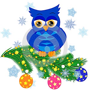 Greeting Christmas card Cute Cartoon Owl with Christmas tree on a blue background