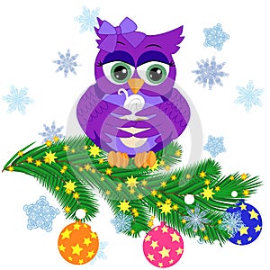 Greeting Christmas card Cute Cartoon Owl with Christmas tree on a blue background