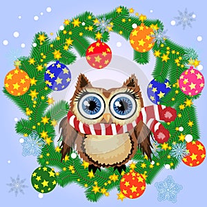 Greeting Christmas card Cute Cartoon Owl with Christmas tree on a blue background