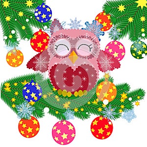 Greeting Christmas card Cute Cartoon Owl with Christmas tree on a blue background.