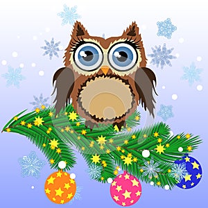 Greeting Christmas card Cute Cartoon Owl with Christmas tree on a blue background.