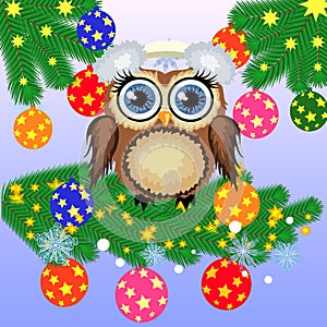 Greeting Christmas card Cute Cartoon Owl with Christmas tree on a blue background.