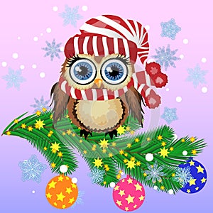 Greeting Christmas card Cute Cartoon Owl with Christmas tree on a blue background.