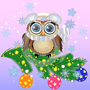 Greeting Christmas card Cute Cartoon Owl with Christmas tree on a blue background.