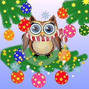 Greeting Christmas card Cute Cartoon Owl with Christmas tree on a blue background