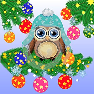 Greeting Christmas card Cute Cartoon Owl with Christmas tree on a blue background