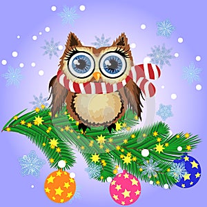 Greeting Christmas card Cute Cartoon Owl with Christmas tree on a blue background