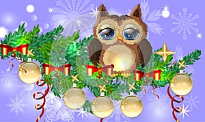 Greeting Christmas card Cute Cartoon Owl with Christmas tree on a blue background