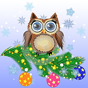 Greeting Christmas card Cute Cartoon Owl with Christmas tree on a blue background