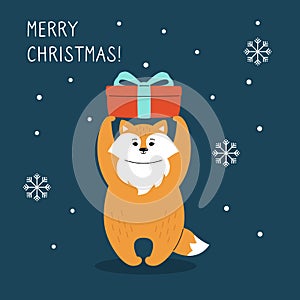 Greeting Christmas card fox snow and gift box