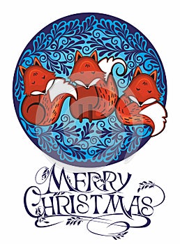 Greeting Christmas card . Foxes in a winter forest. Vector illustration