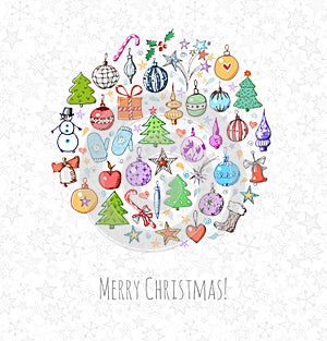 Greeting christmas card with lots of xmas objects