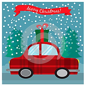 Greeting Christmas card with retro car with gift box