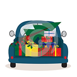 Greeting Christmas card with retro car with gift boxes and Christmas tree