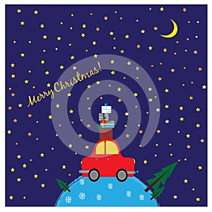 Greeting Christmas card with retro red car with gift boxes