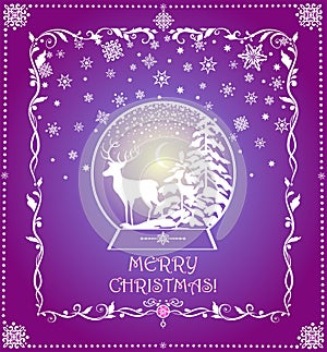 Greeting Christmas craft card with glowing globe with deer, snowy fir tree and crescent on purple background