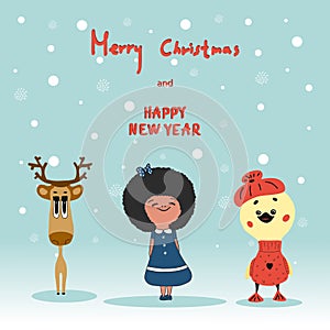 Greeting Christmas and New Year card with cute characters girl, duck, deer on background of snowflakes.hand-drawn vector