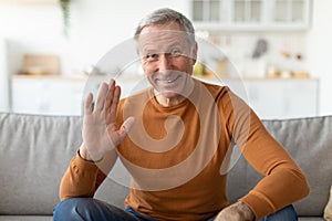 Greeting Concept. Mature man waving hand at camera