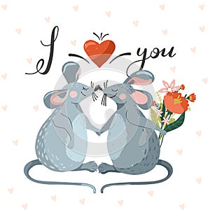 Greeting day card with couple of cute mouse in love and lettering. Rat giving other rat a bouquet of flowers.