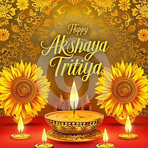 Greeting design for Akshaya Tritiya featuring candles, gold coins, and sunflowers on a gradient red background. photo