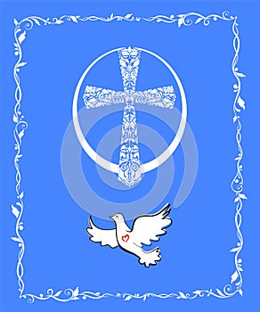 Greeting Easter blue card with flying dove, egg shape and vintage floral cross