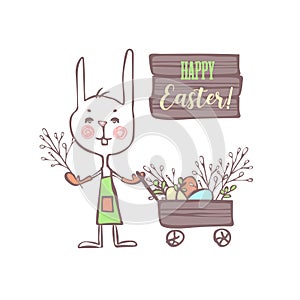 Greeting Easter card. Easter bunny with an easter egg cart with a wooden sign wishing you a happy Easter.