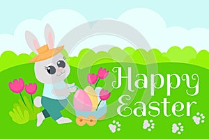 Greeting Easter card. Little cute bunny is carrying colored eggs in a cart. Great illustration in cartoon style.