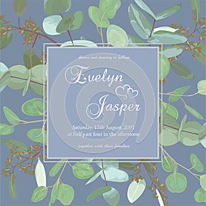 Greeting festive flyer, holiday card, vector. Elegant floral, greenery, collection design. Bouquet of eucalyptus hybridus Baby