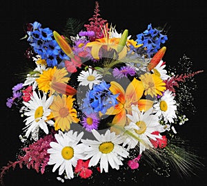 Greeting floral card with bouquet of  lily,chamomiles,blue cornflowers isolated on black backdrop