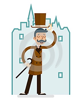 Greeting Great Britain Victorian Gentleman Businessman Character English City Background Flat Design Vector Illustration