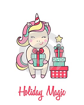 Greeting holiday card with cute Unicorn with gift boxes for Merry Christmas and New Year design